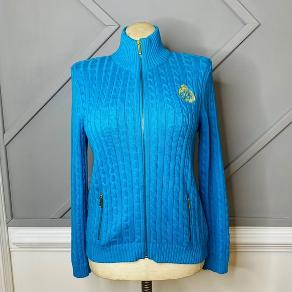 Vintage Lauren Ralph Lauren Cable Knit Full Zip Sweater Blue Gold Crest Logo L - Picture 1 of 12